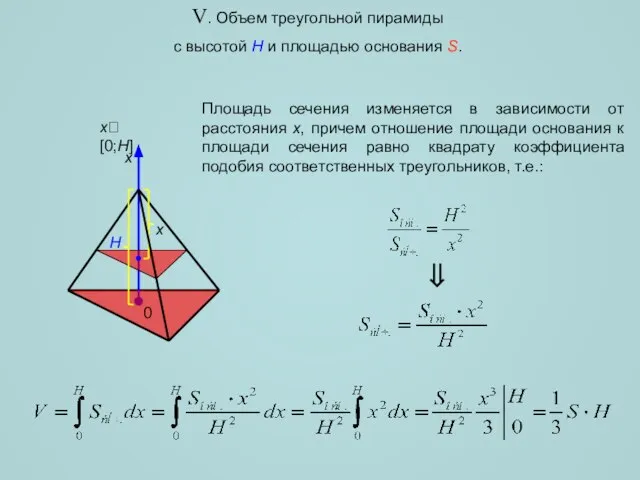 V. Объем треугольной пирамиды с высотой H и площадью основания S.