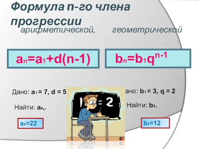 Формула n-го члена прогрессии an=a1+d(n-1) Дано: a1 = 7, d =