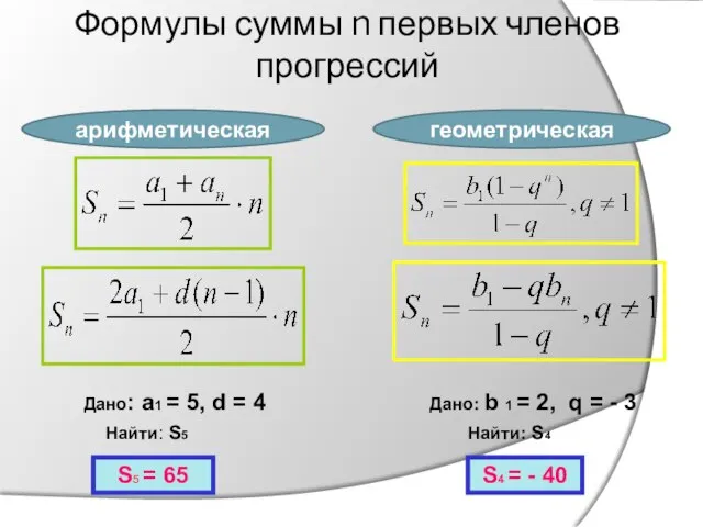 Формулы суммы n первых членов прогрессий Дано: a1 = 5, d