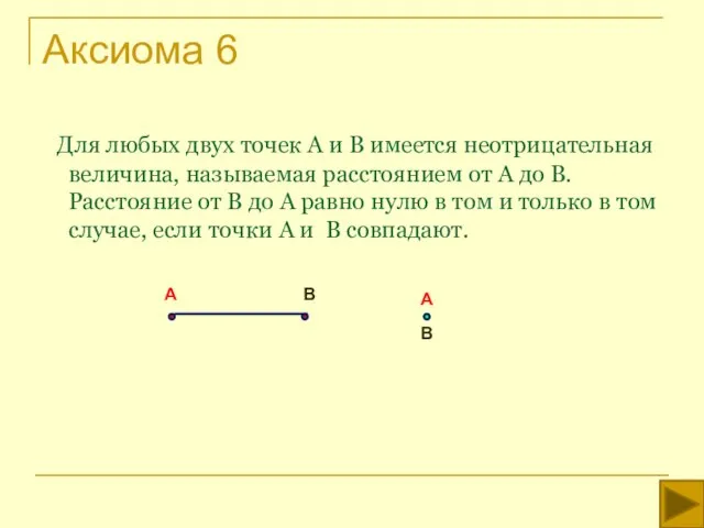 Аксиома 6 Для любых двух точек А и В имеется неотрицательная