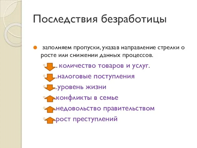 Последствия безработицы заполняем пропуски, указав направление стрелки о росте или снижении