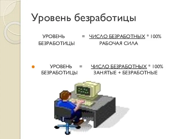 Уровень безработицы УРОВЕНЬ = ЧИСЛО БЕЗРАБОТНЫХ * 100% БЕЗРАБОТИЦЫ РАБОЧАЯ СИЛА