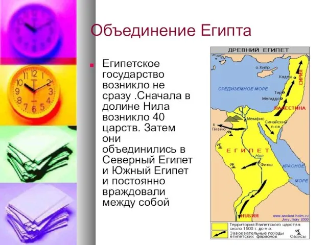 Объединение Египта Египетское государство возникло не сразу .Сначала в долине Нила