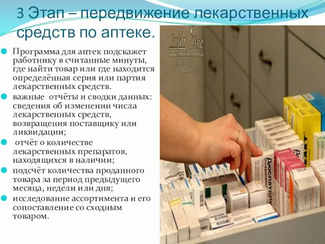 3 Этап – передвижение лекарственных средств по аптеке. Программа для аптек