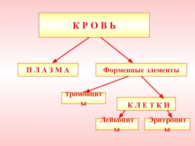 К Р О В Ь П Л А З М А Лейкоциты Тромбоциты Эритроциты Форменные элементы