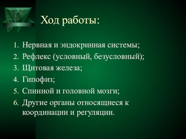 Ход работы: Нервная и эндокринная системы; Рефлекс (условный, безусловный); Щитовая железа;