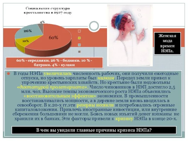 В годы НЭПа увеличилась численность рабочих, они получили ежегодные отпуска, но