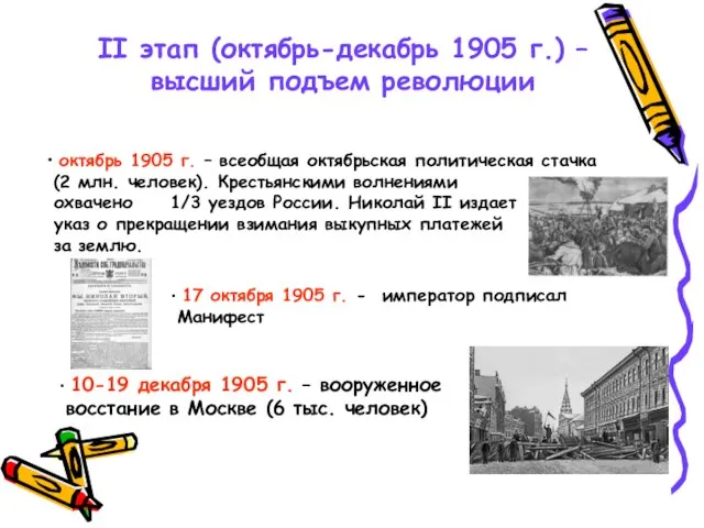 II этап (октябрь-декабрь 1905 г.) – высший подъем революции октябрь 1905