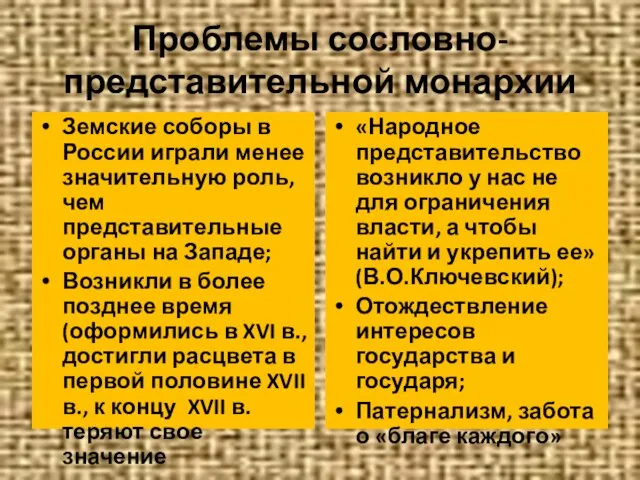 Проблемы сословно-представительной монархии Земские соборы в России играли менее значительную роль,