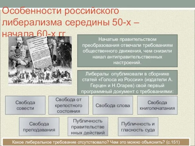 Особенности российского либерализма середины 50-х – начала 60-х гг. Начатые правительством