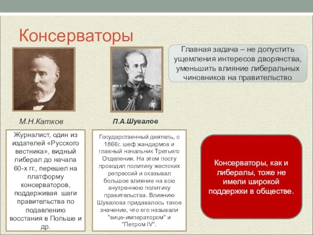 Консерваторы М.Н.Катков П.А.Шувалов Журналист, один из издателей «Русского вестника», видный либерал