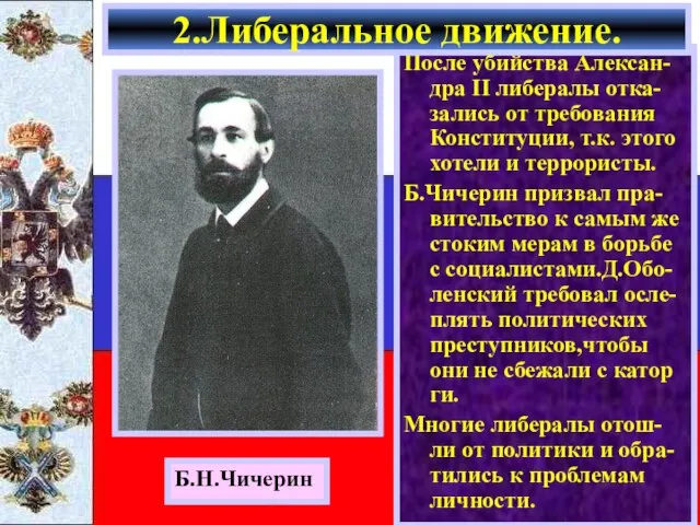 После убийства Алексан- дра II либералы отка-зались от требования Конституции, т.к.