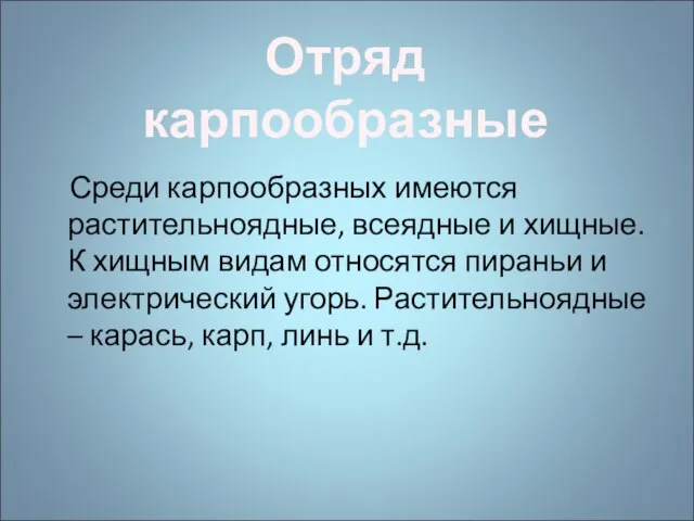 Среди карпообразных имеются растительноядные, всеядные и хищные. К хищным видам относятся