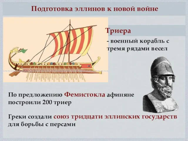 Подготовка эллинов к новой войне По предложению Фемистокла афиняне построили 200