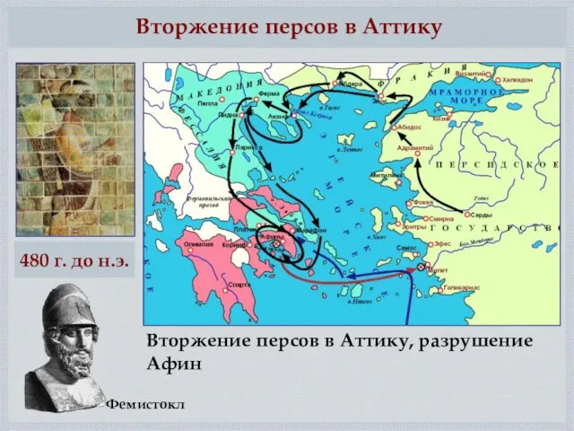 Вторжение персов в Аттику Вторжение персов в Аттику, разрушение Афин 480 г. до н.э. Фемистокл