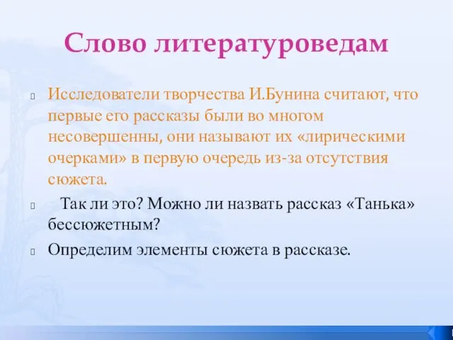 Слово литературоведам Исследователи творчества И.Бунина считают, что первые его рассказы были