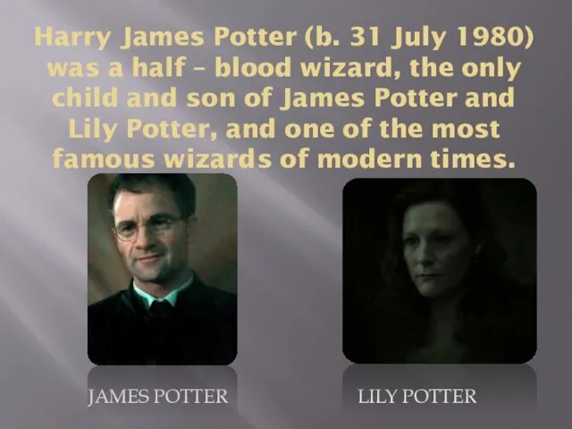 Harry James Potter (b. 31 July 1980) was a half –