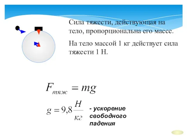 Сила тяжести, действующая на тело, пропорциональна его массе. На тело массой