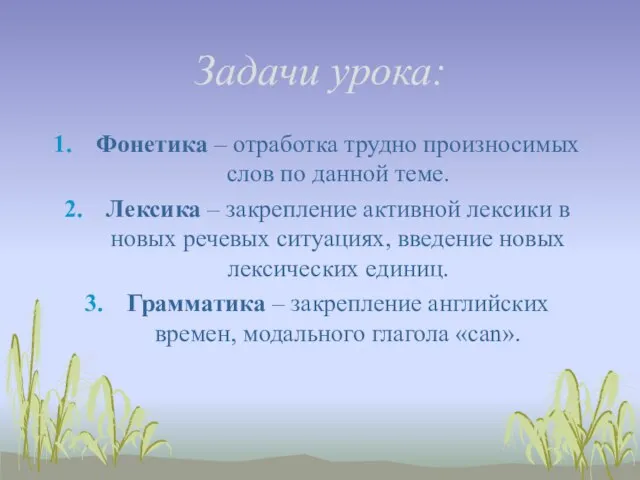 Задачи урока: Фонетика – отработка трудно произносимых слов по данной теме.