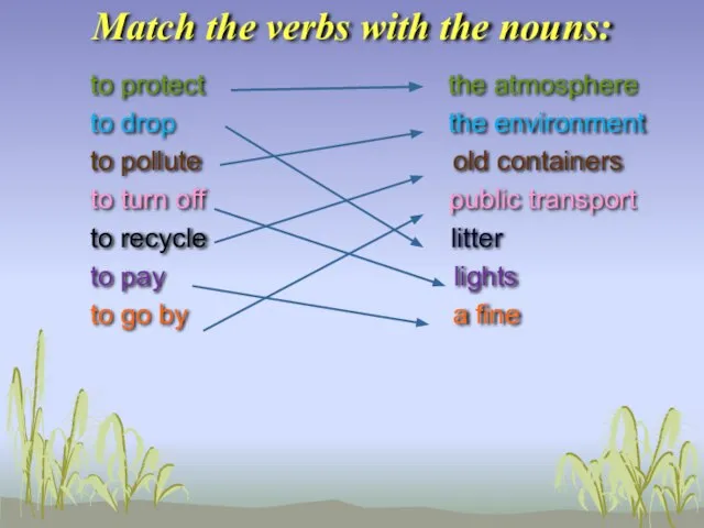 Match the verbs with the nouns: to protect the atmosphere to