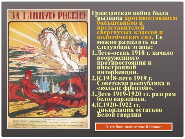 Гражданская война была вызвана противостоянием большевиков и представителей свергнутых классов и