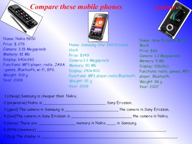 Compare these mobile phones. 6 points (cheap) Samsung is cheaper than