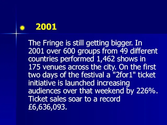 2001 The Fringe is still getting bigger. In 2001 over 600