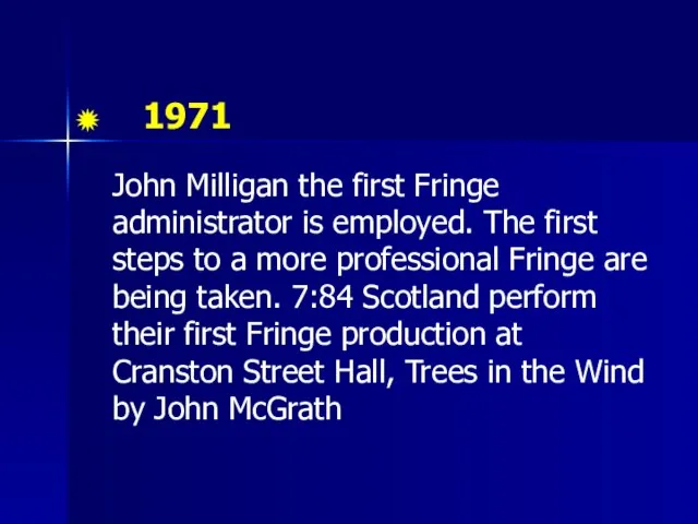 1971 John Milligan the first Fringe administrator is employed. The first