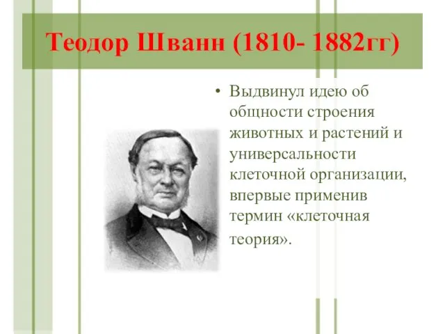 Теодор Шванн (1810- 1882гг) Выдвинул идею об общности строения животных и