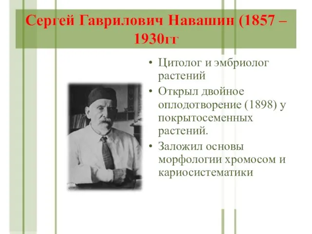 Сергей Гаврилович Навашин (1857 – 1930гг Цитолог и эмбриолог растений Открыл