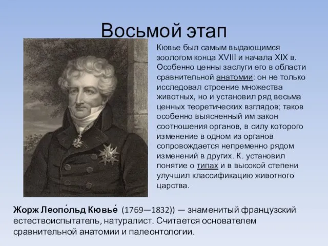 Восьмой этап Жорж Леопо́льд Кювье́ (1769—1832)) — знаменитый французский естествоиспытатель, натуралист.