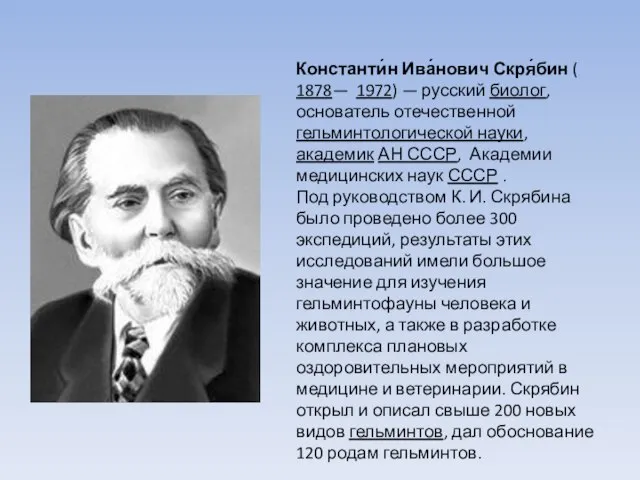 Константи́н Ива́нович Скря́бин ( 1878— 1972) — русский биолог, основатель отечественной