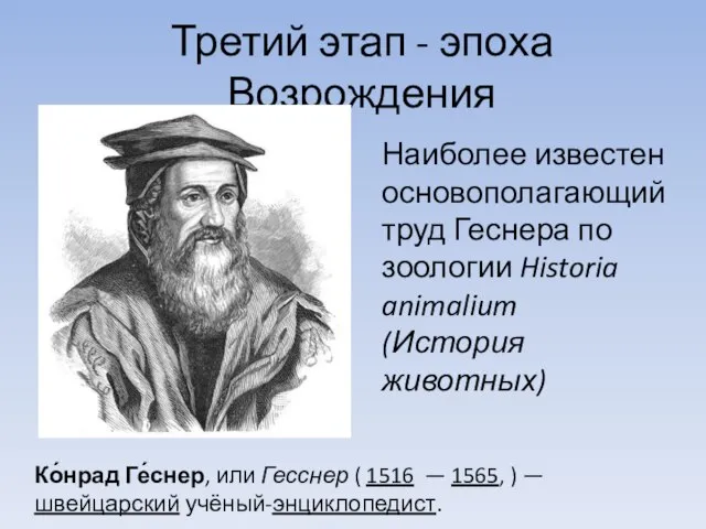 Третий этап - эпоха Возрождения Ко́нрад Ге́снер, или Гесснер ( 1516