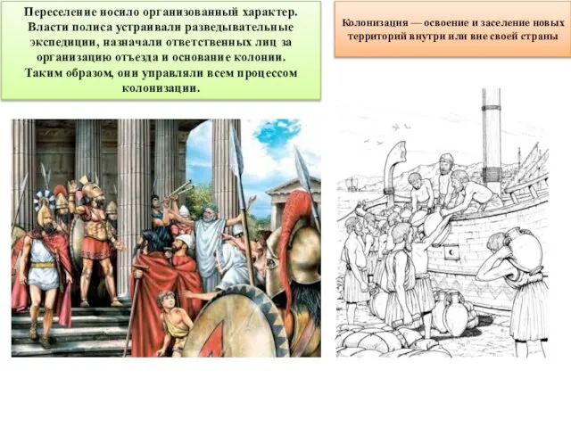 Переселение носило организованный характер. Власти полиса устраивали разведывательные экспедиции, назначали ответственных