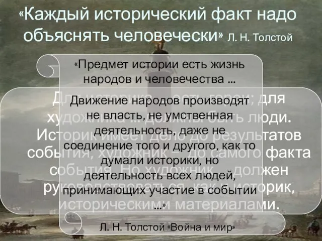 «Каждый исторический факт надо объяснять человечески» Л. Н. Толстой Для историка