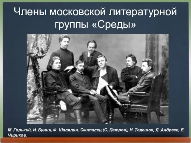 Члены московской литературной группы «Среды» М. Горький, И. Бунин, Ф. Шаляпин.