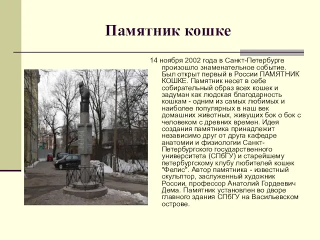 Памятник кошке 14 ноября 2002 года в Санкт-Петербурге произошло знаменательное событие.