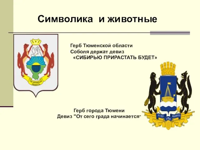 Герб Тюменской области Соболя держат девиз «СИБИРЬЮ ПРИРАСТАТЬ БУДЕТ» Герб города