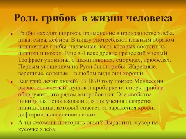 Роль грибов в жизни человека Грибы находят широкое применение в производстве