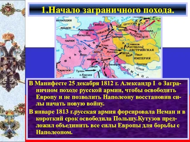 В Манифесте 25 декабря 1812 г. Александр I о Загра-ничном походе