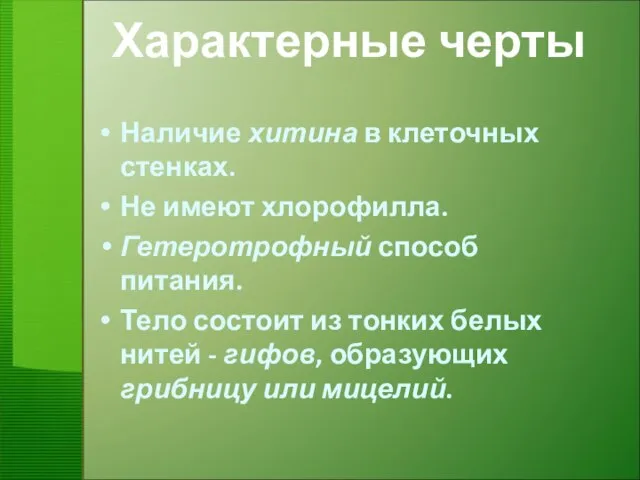 Характерные черты Наличие хитина в клеточных стенках. Не имеют хлорофилла. Гетеротрофный