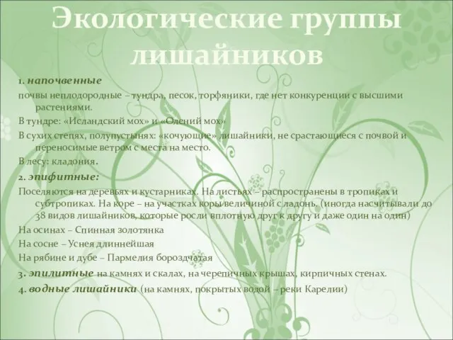 Экологические группы лишайников 1. напочвенные почвы неплодородные – тундра, песок, торфяники,