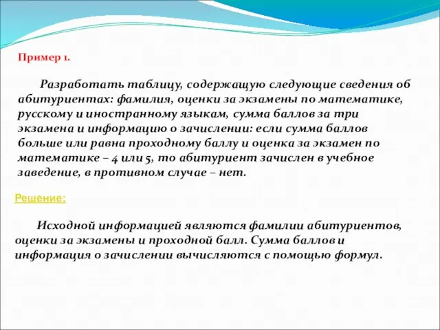 Пример 1. Разработать таблицу, содержащую следующие сведения об абитуриентах: фамилия, оценки