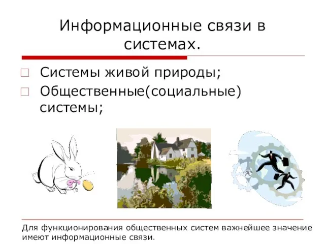 Информационные связи в системах. Системы живой природы; Общественные(социальные) системы; Для функционирования