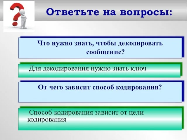 Ответьте на вопросы: Что нужно знать, чтобы декодировать сообщение? Для декодирования