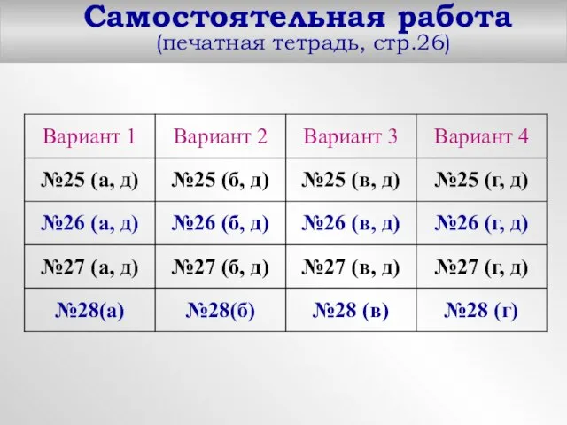 Самостоятельная работа (печатная тетрадь, стр.26)