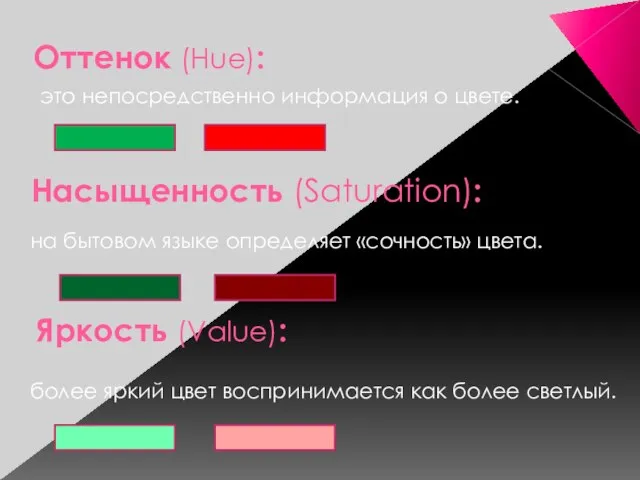 Оттенок (Hue): более яркий цвет воспринимается как более светлый. Насыщенность (Saturation):