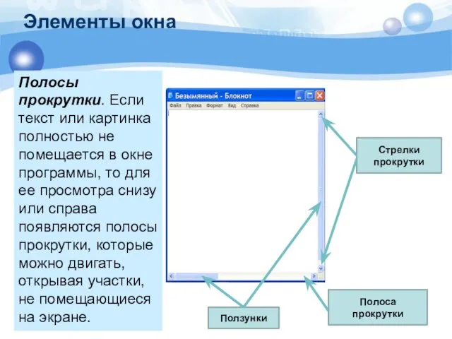 Ползунки Полоса прокрутки Стрелки прокрутки Элементы окна Полосы прокрутки. Если текст