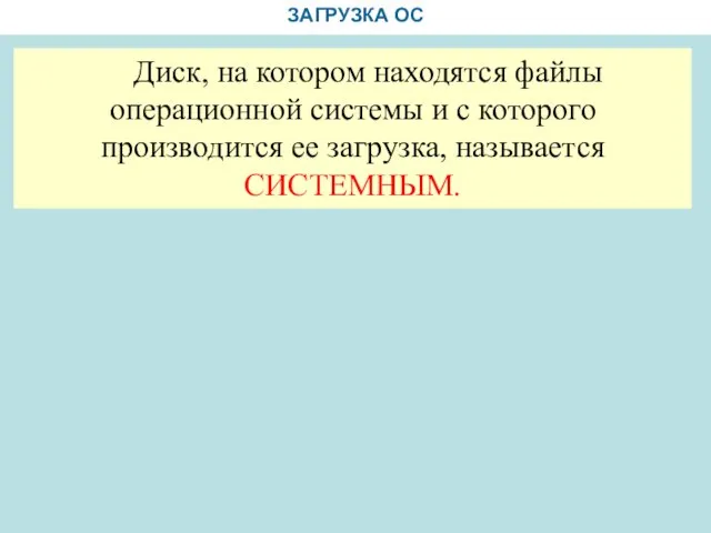 ЗАГРУЗКА ОС Диск, на котором находятся файлы операционной системы и с