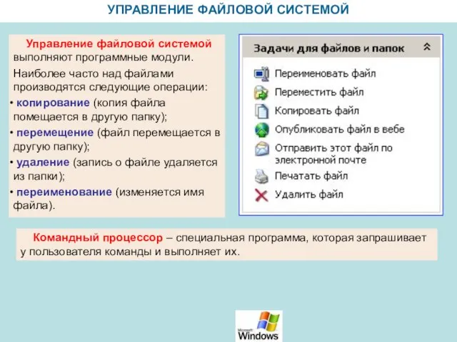 УПРАВЛЕНИЕ ФАЙЛОВОЙ СИСТЕМОЙ Управление файловой системой выполняют программные модули. Наиболее часто